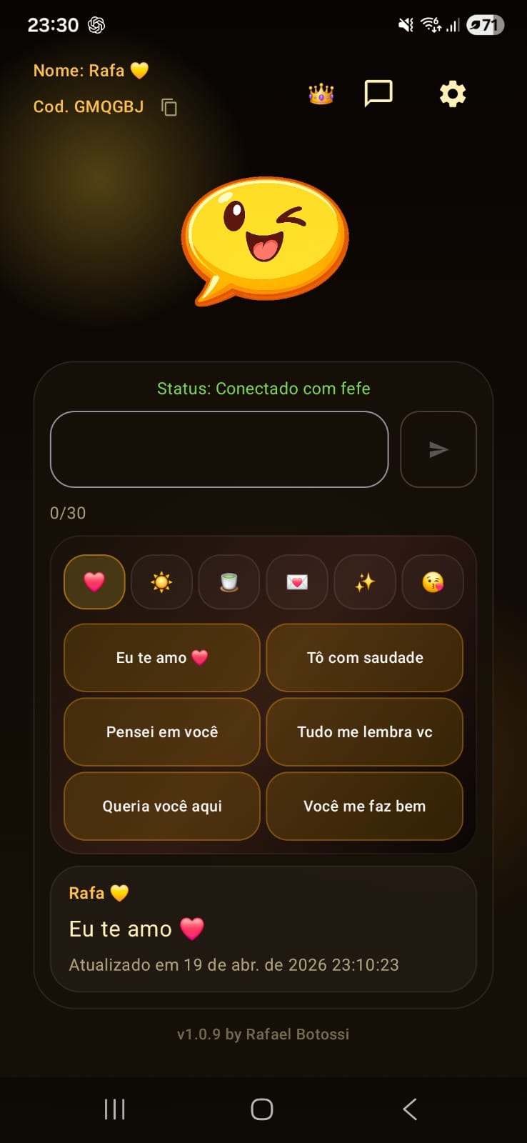Tela principal do app WASUP com categorias e mensagens prontas